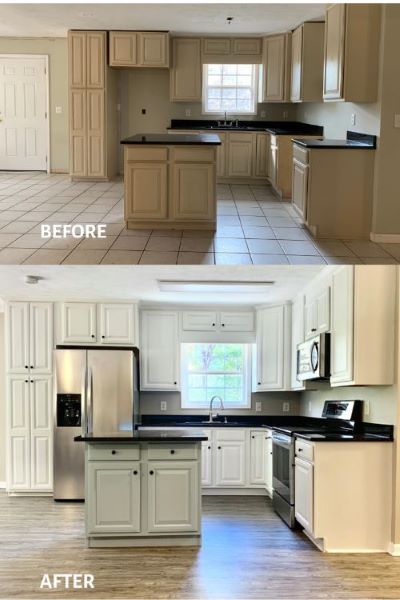 Before and after wrapped cabinets