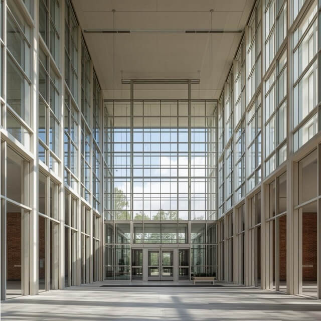 college campus building with big windows around and near door