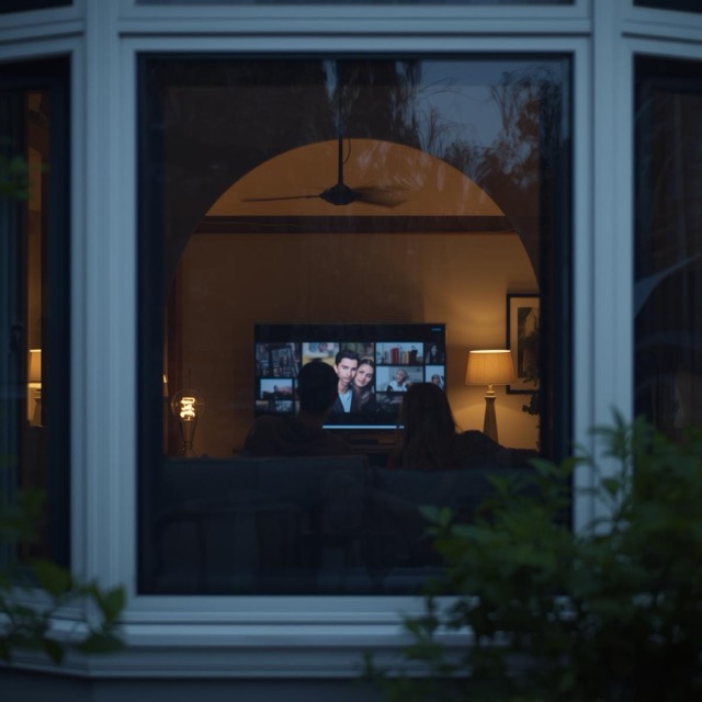 couple at home watching TV, looking at them through the window but it does have a privacy screen to it (1) Medium couple at home watching TV, looking at them through the window