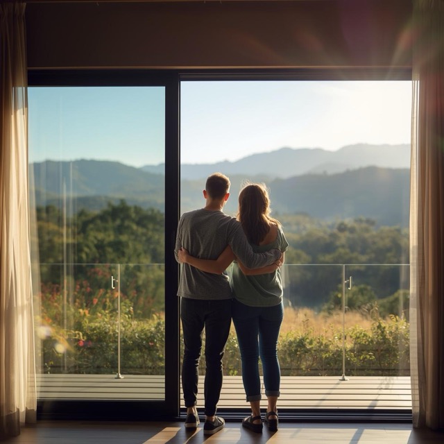 couple looking happy looking out their sliding glass doors at nature Medium couple looking happy looking out their sliding glass doors at nature