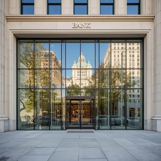 front of bank with large windows