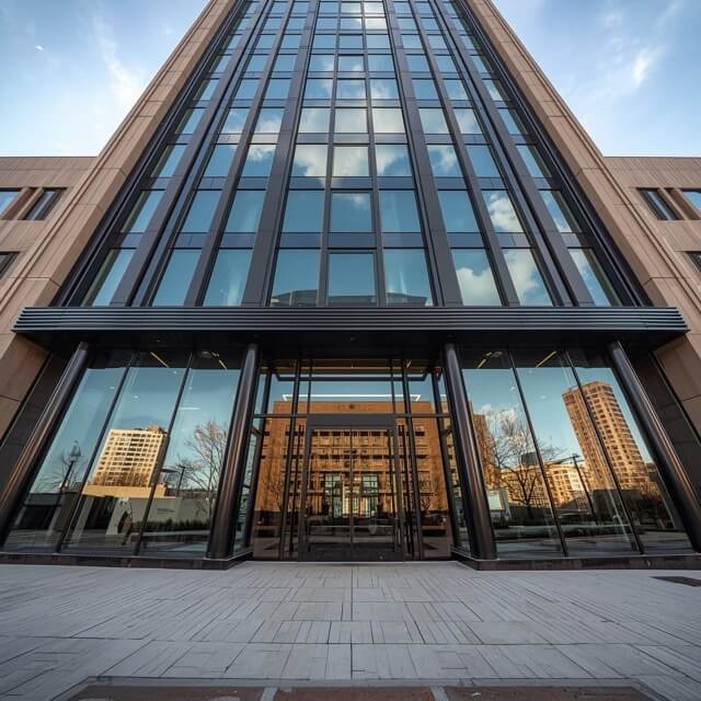 front of office building with ground floor large windows (1) Medium front of office building with large buildings