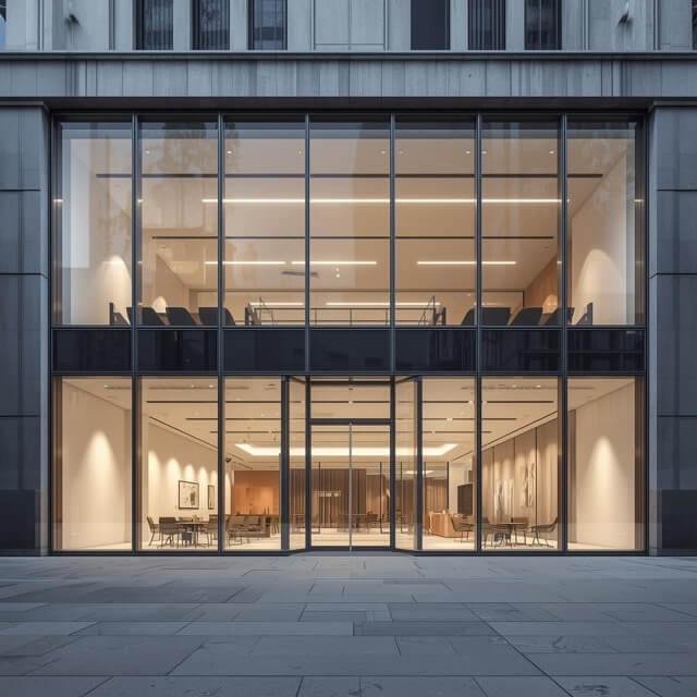 front of office building with ground floor large windows (2) Medium front of office building with large buildings