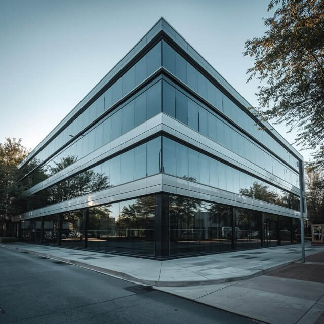 front of office building with large buildings