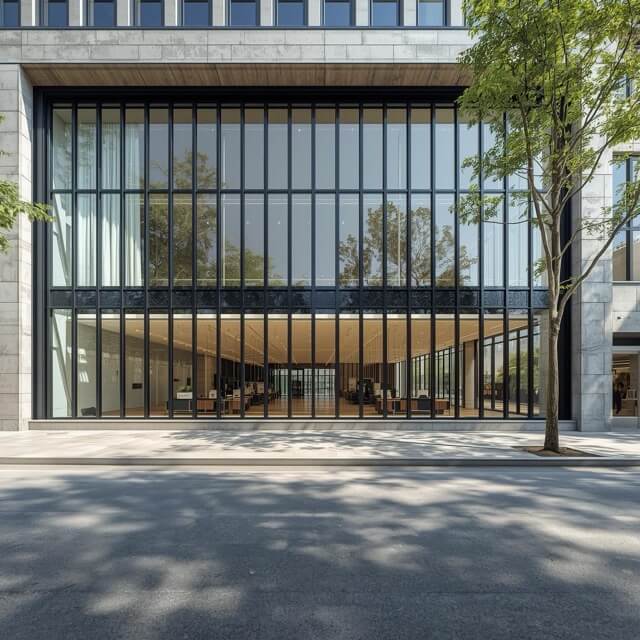 front of office building with ground floor large windows Medium front of office building with large buildings