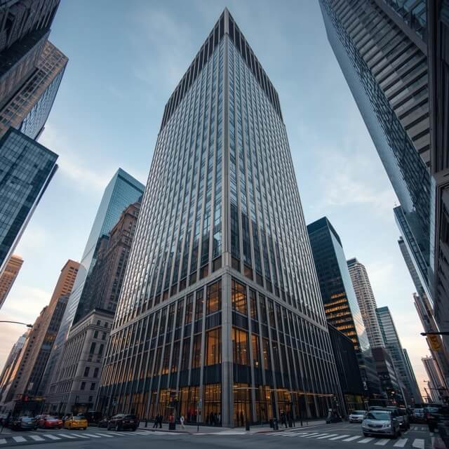 front of office building with large buildings