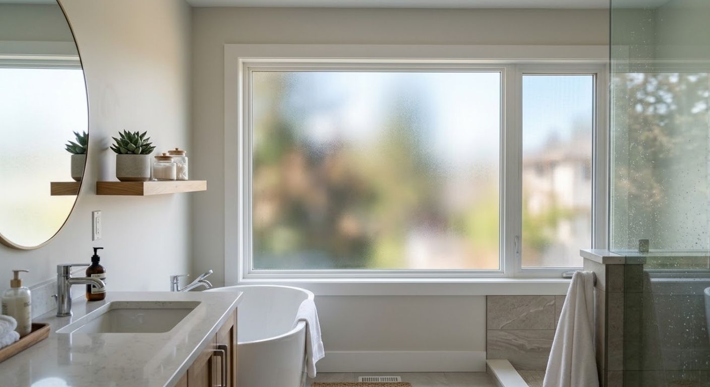 Modern bathroom with frosted window film.