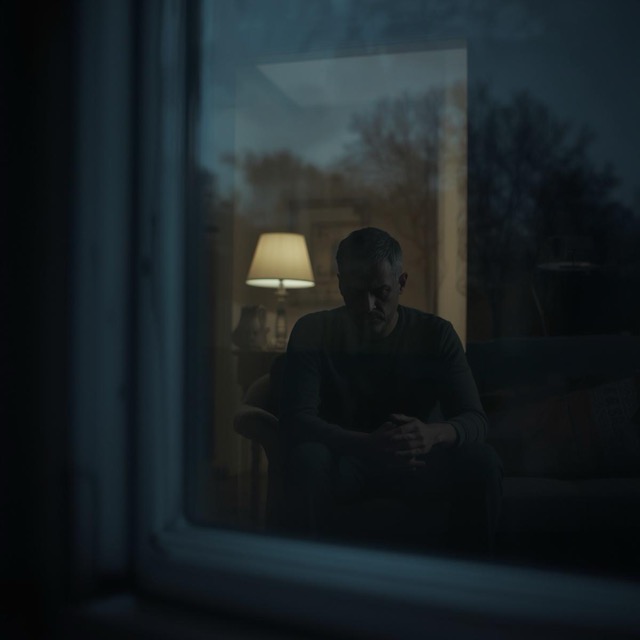 man looking distressed sitting in his home. we are seeing him through the window Medium man looking distressed sitting in his home