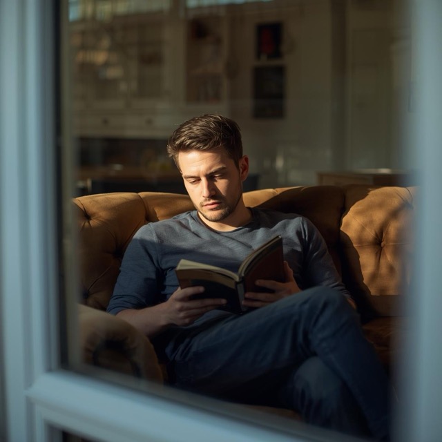 man sitting on couch reading book, looking at him through the outside window looking in (2) Medium man sitting on couch reading book