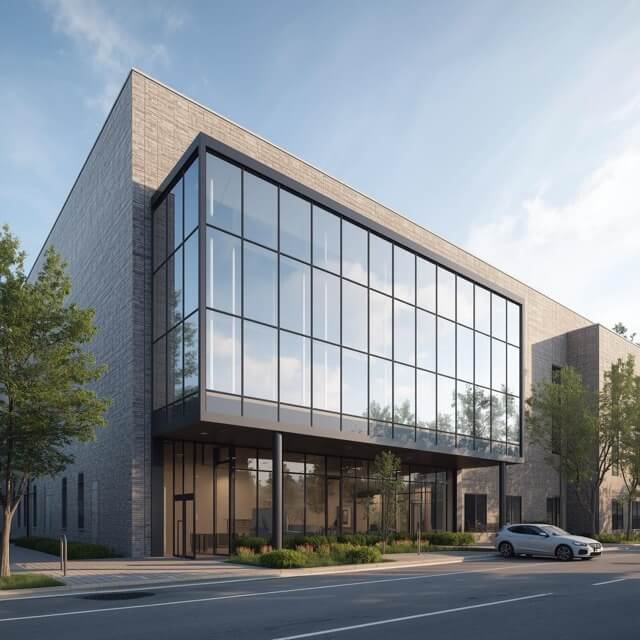 office building with big windows near the door (2) Medium office building with big windows near the door