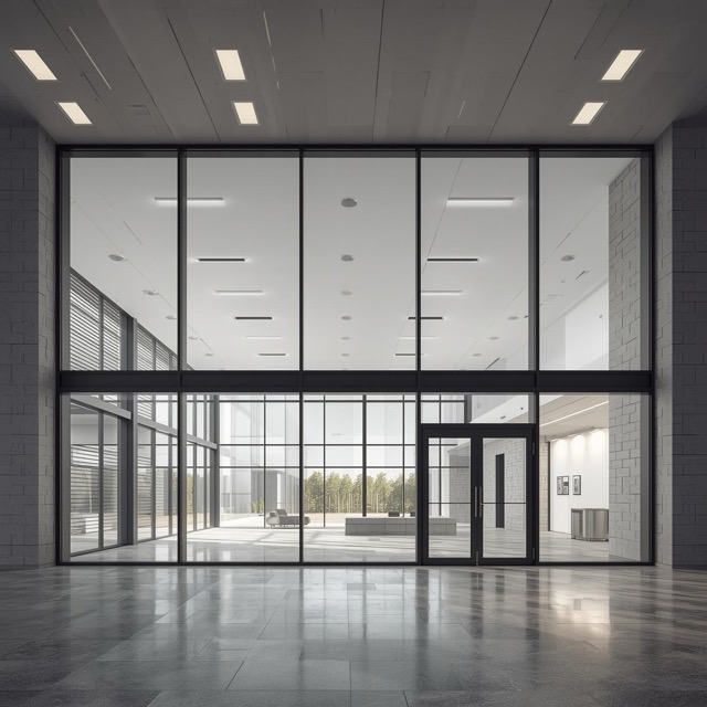 office building with big windows near the door Medium office building with big windows near the door