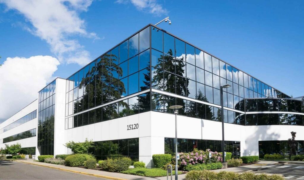 Office building with energy efficient window films.