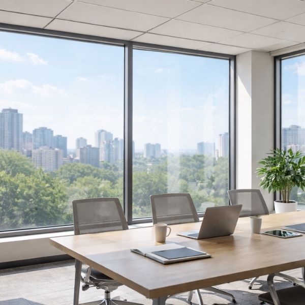 Sunny office space with solar window film protection.