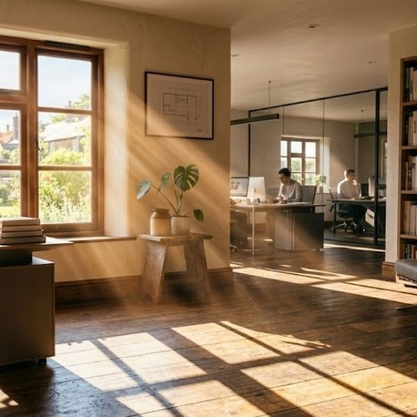 Sunrays on wooden floor in an office space.