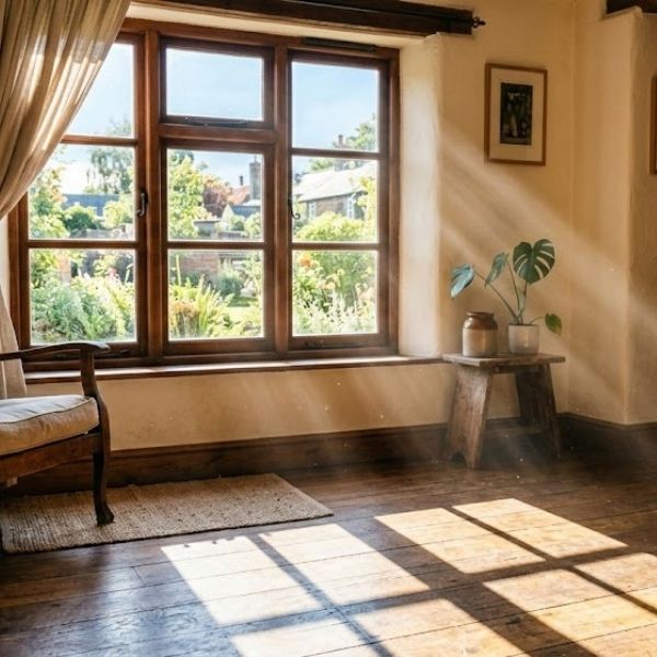 Sunrays coming through a window on a wooden floor.
