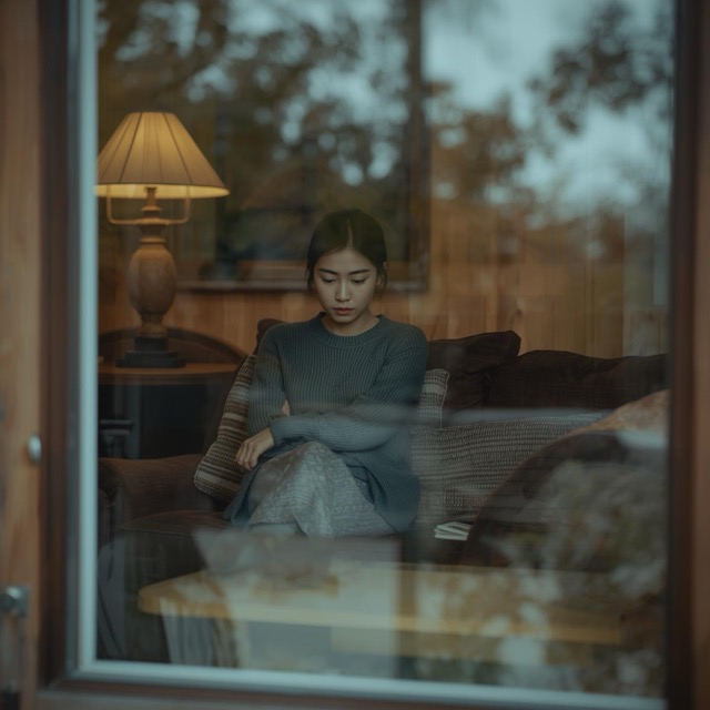 woman looking sad sitting on a couch in her home. we are looking in the view from the window Medium woman looking sad sitting on a couch in her home