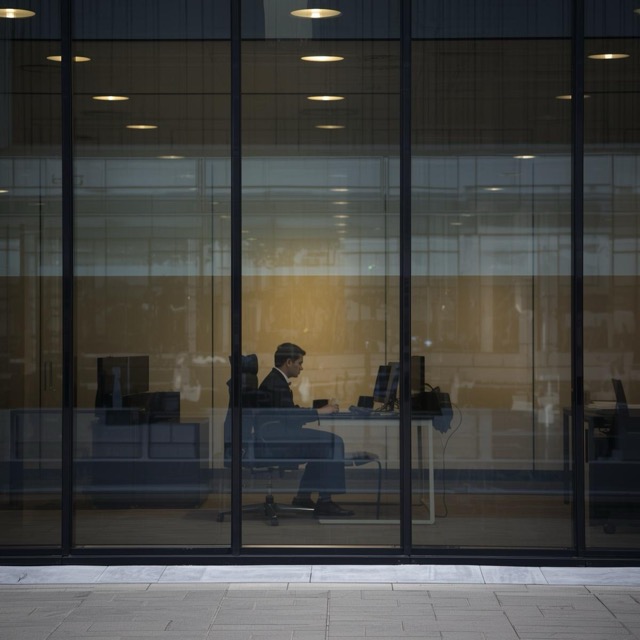worker at desk in office building, looking at them through the window (1) Medium worker at desk in office building, looking at them through the window