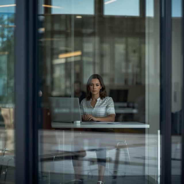 worker at desk in office building, looking at them through the window (2) Medium worker at desk in office building, looking at them through the window