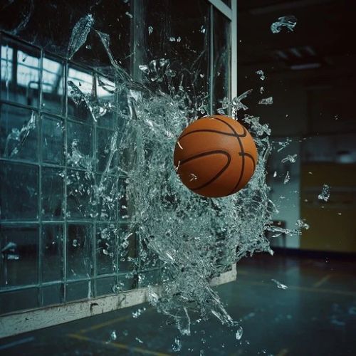 Basketball shatters glass