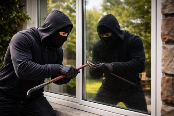 Burglar at window with mirror film