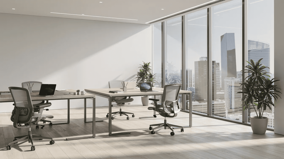 A modern office with large windows A modern office interior with large glass windows for natural daylight and panoramic views of the city. Security window film ensures safety from shattering glass during natural disasters.