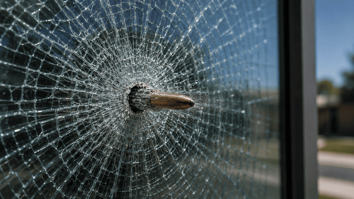 Bullet passing through glass covered with ballistic window film A bullet passing through glass covered with ballistic window film