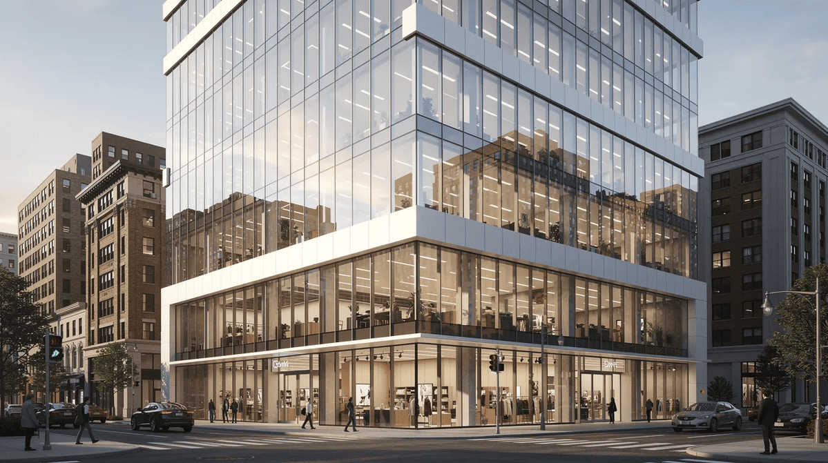 Commercial building with security film The exterior of a modern commercial building with large floor-to-ceiling windows which should be equipped with security window film to protect against break-ins, flying glass shards, and natural disasters.