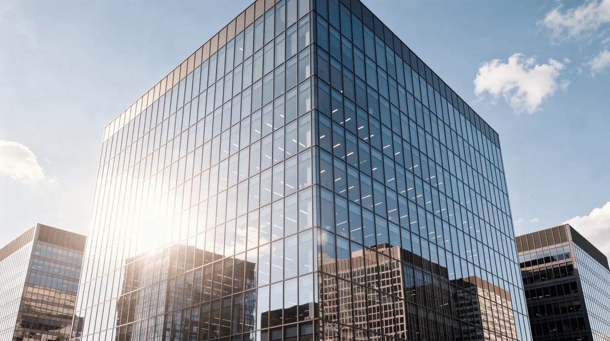Commercial building with transitional film A sleek glass office facade that reflects sunlight from its transitional window film which enhances energy efficiency and glare reduction, allowing occupants to enjoy natural light while protecting against harmful UV rays.