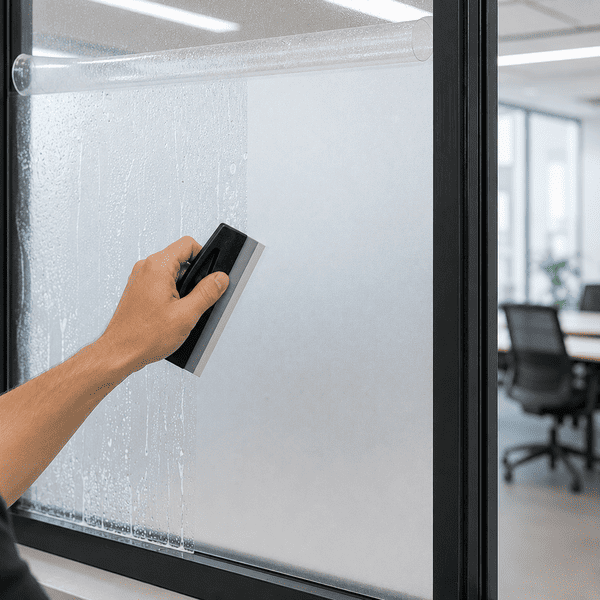 Installing frosted glass window film A man's hand installing frosted glass window film