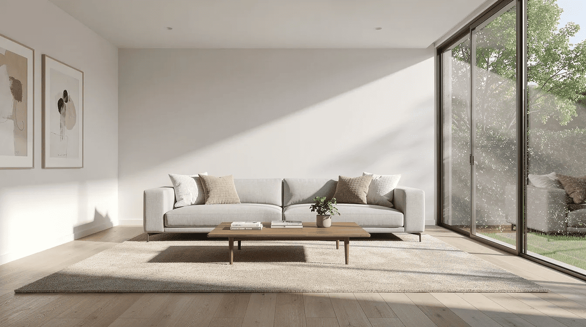 Lounge in sunlight A sunlit modern living room featuring large glass windows with transitional film that allows soft natural daylight to fill the space, creating a warm and inviting atmosphere while offering glare reduction and UV protection.
