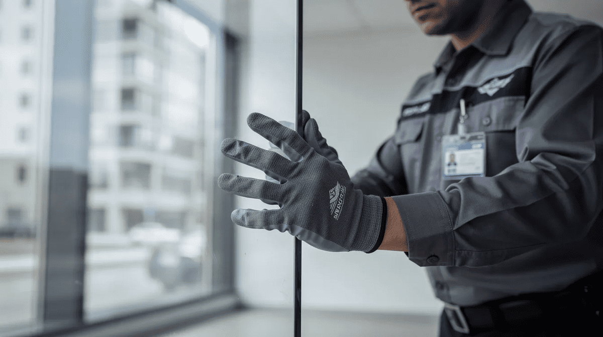 Man inspecting glass with security film