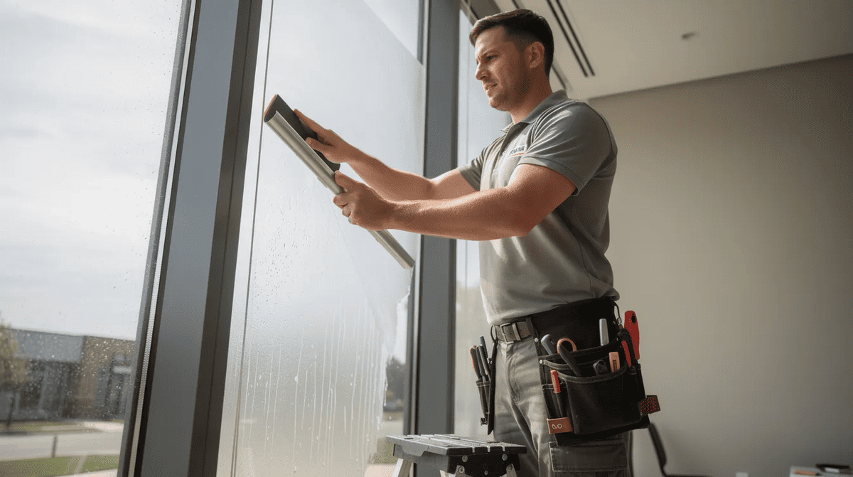 Man installing security window film A professional installing home security window film on a large window