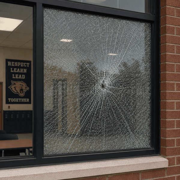 Shattered window on school building A shattered window on a school building showing how ballistic film for schools can prevent injury from glass shards