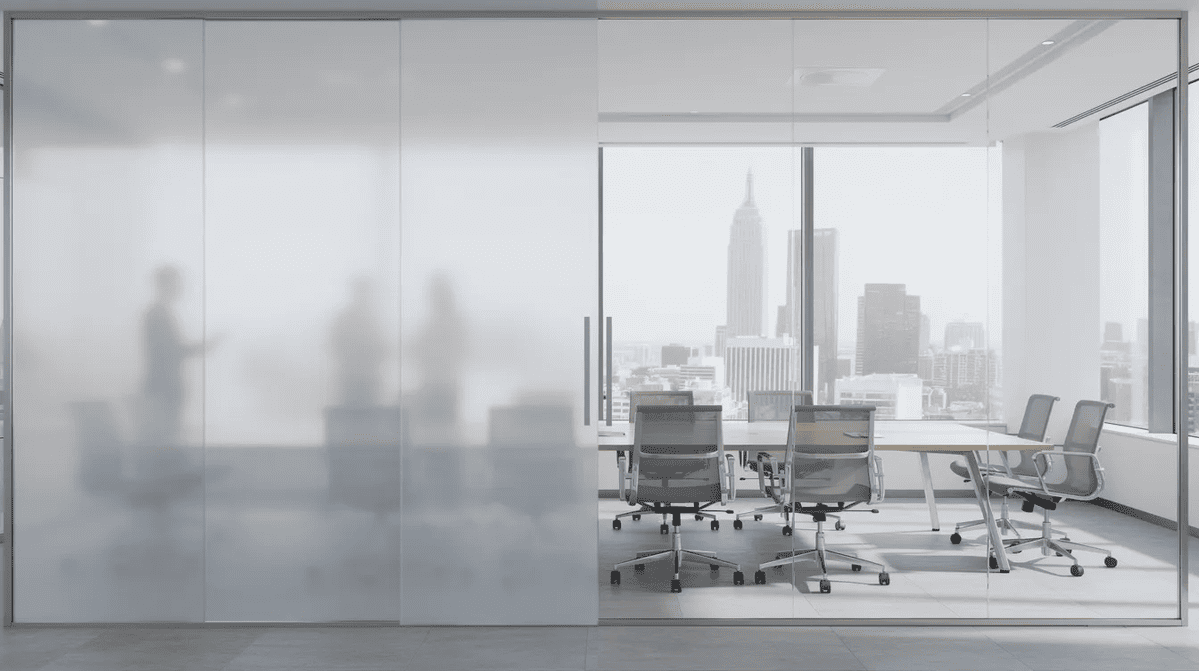 Smart film A modern glass conference room wall that seamlessly transitions between a frosted, opaque state and a clear, transparent state, showcasing the innovative technology of smart film.