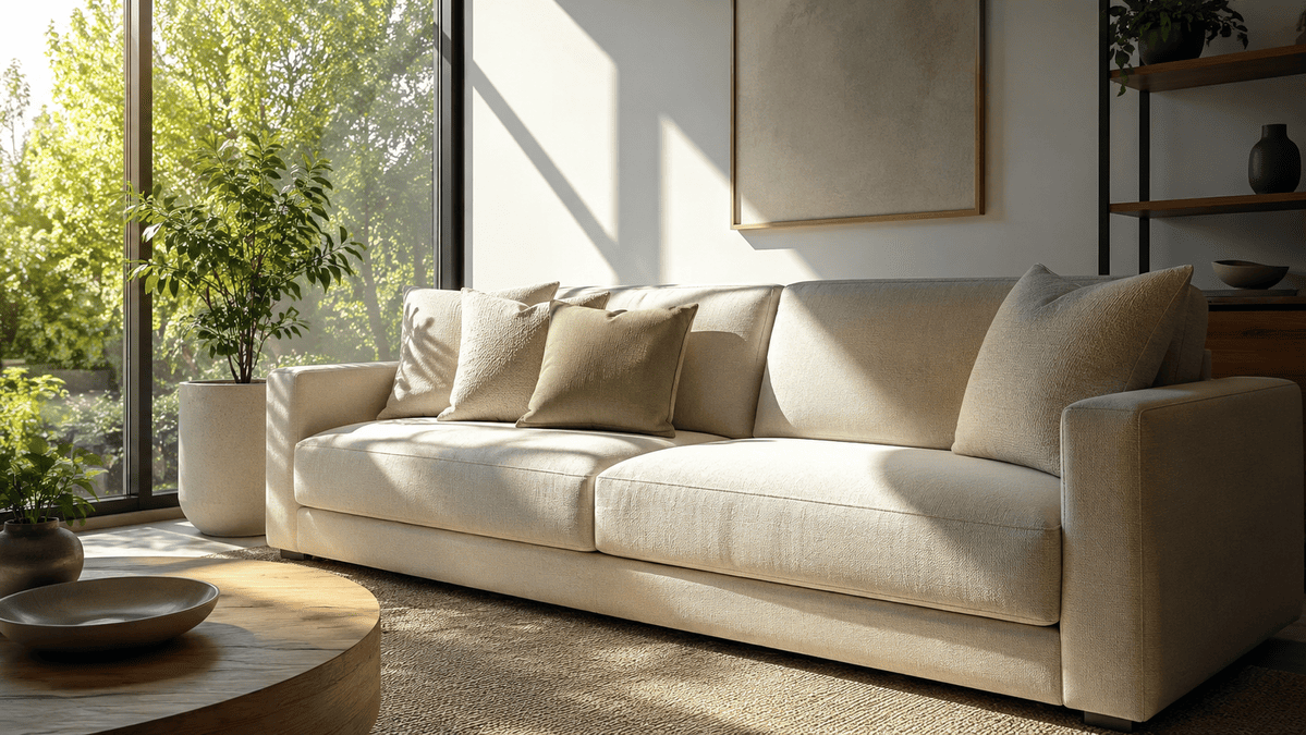 Sofa in sunlight A comfortable modern sofa in warm sunlight, protected by privacy film for windows. Search privacy film for windows near me to find solutions for your home.