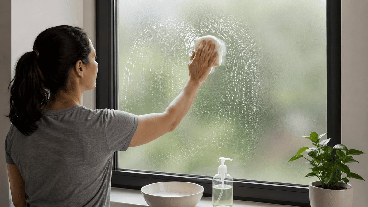 Woman washing frosted glass window A woman washing a bathroom window covered with frosted glass window film.