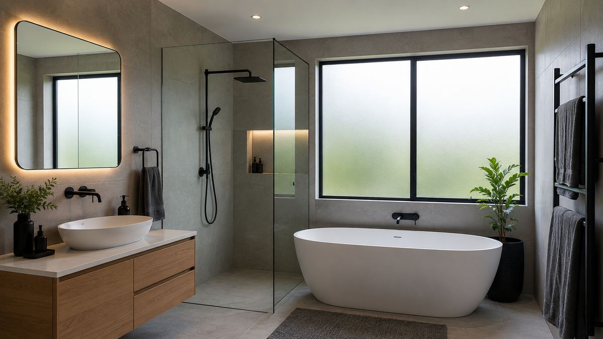 A modern bathroom with smart glass window film for switchable privacy.