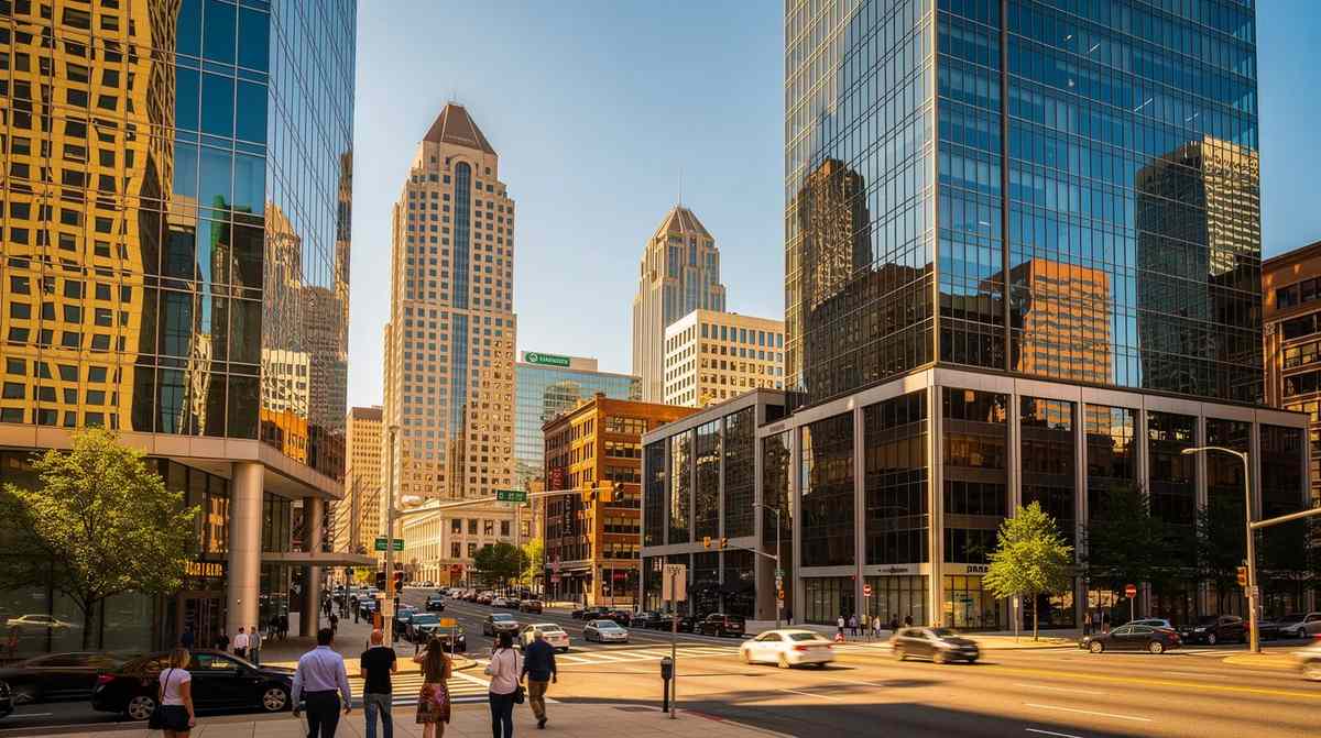 A sunny Atlanta cityscape with glass buildings that reflect the bright afternoon sunlight. This image highlights the energy efficiency that window film can provide for both commercial buildings and residential properties.