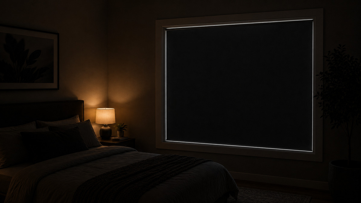 A dark bedroom with sunlight filtering around the edges of a large window covered with block out window film.