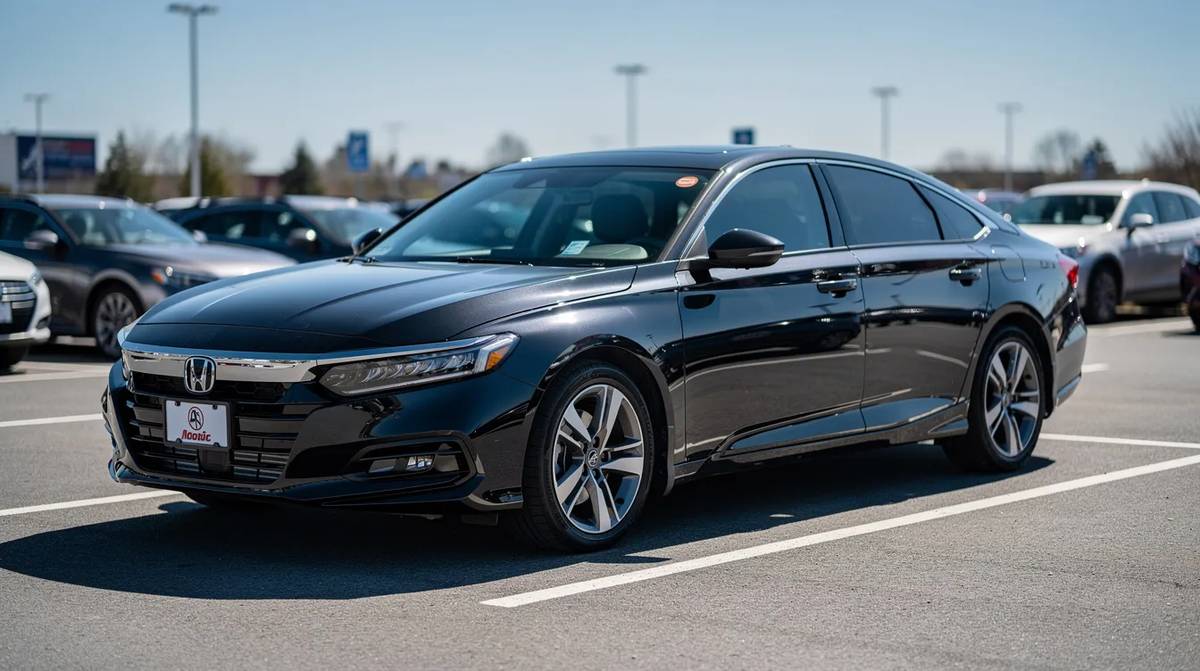 A black sedan with professionally tinted windows parked in a sunlit lot. This vehicle is protected from harmful UV rays, enhancing both comfort and safety for its occupants.
