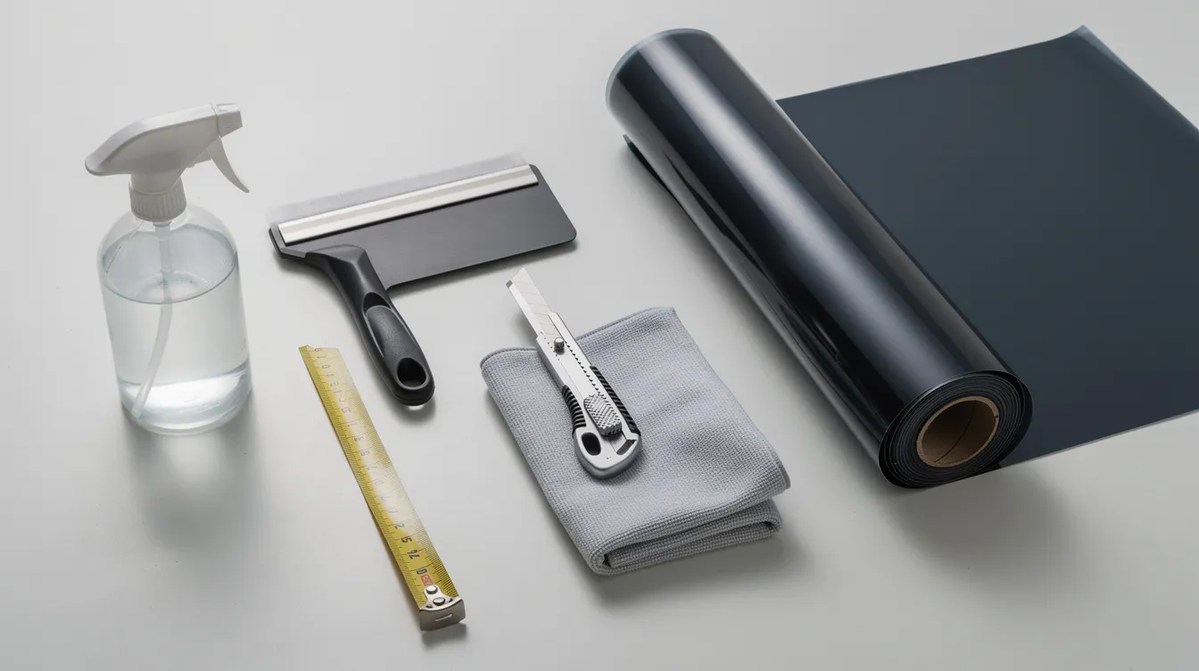 Various installation tools on a table, including a spray bottle, squeegee, utility knife, measuring tape, and a microfiber cloth, all positioned next to a roll of block out window film.
