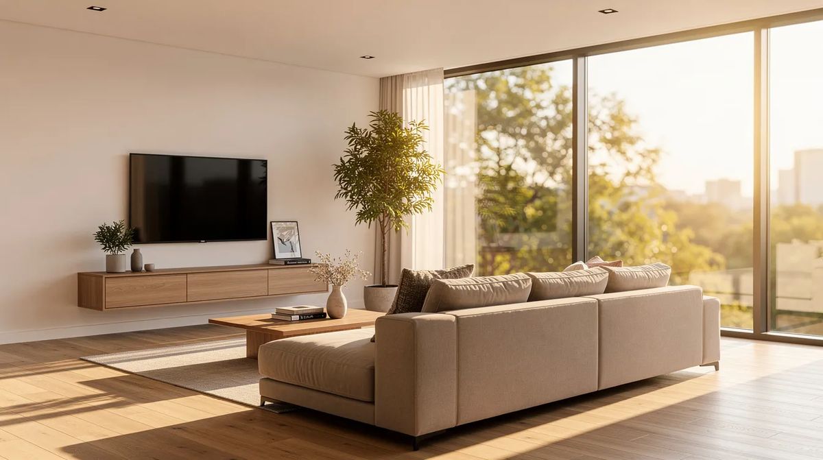 A bright, modern living room with floor-to-ceiling windows that allow warm afternoon sunlight to flood the space. Coolvu transitional window films can provide UV protection and glare reduction, ensuring comfort and improved energy efficiency in this space.
