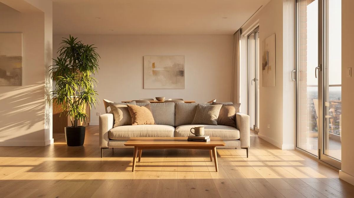 A bright living room with large windows that allow sunlight to stream in, creating a warm and inviting atmosphere. This space emphasizes the benefits of natural light, and could be enhanced with window film for UV protection and energy efficiency.