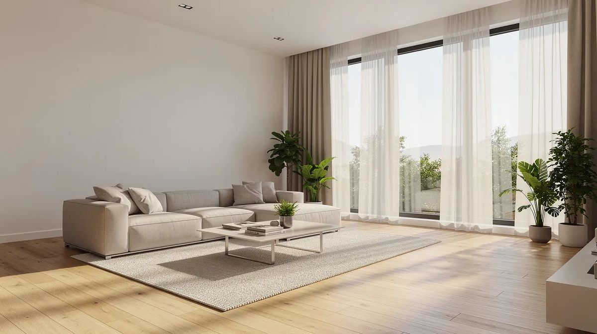 A bright modern living room with large floor-to-ceiling windows. The space is designed for comfort and enhanced visibility, while window film boosts glare reduction and energy efficiency.