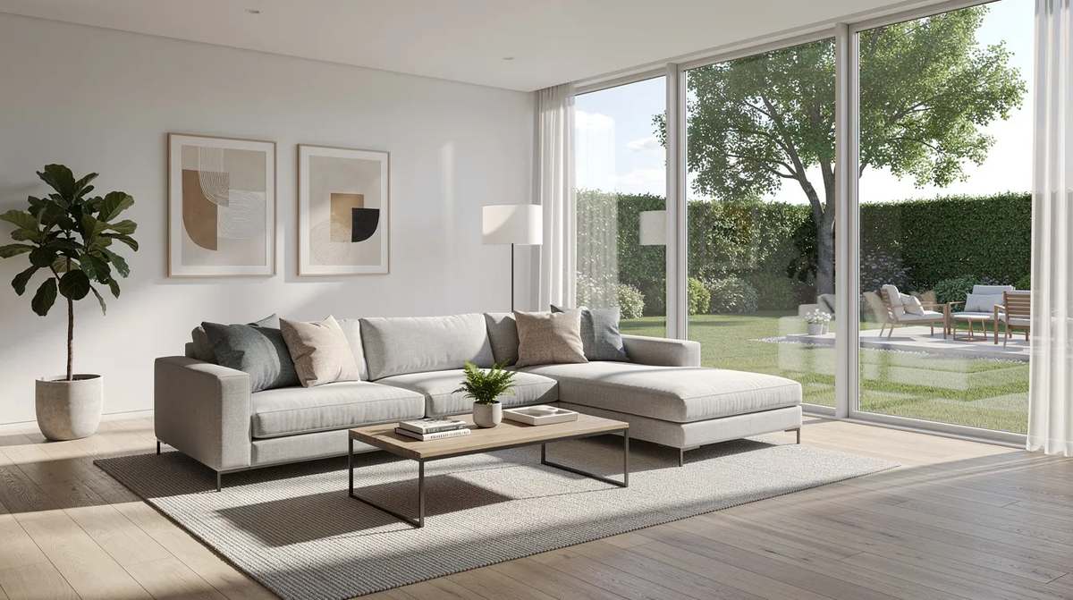 A bright, modern living room with large sunlit windows that provide a view of a lush backyard. Starting your search for "indoor window tinting near me" can enhance energy efficiency and reduce glare from direct sunlight.