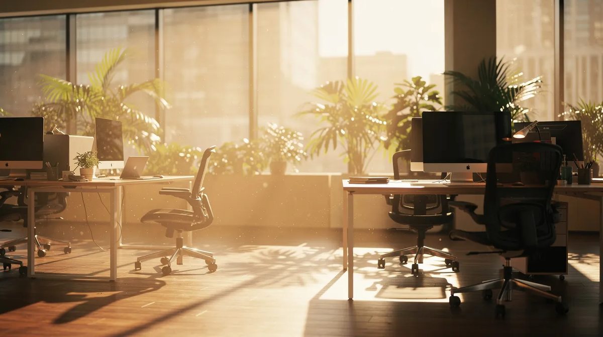 Bright sunlight streaming through large office windows, highlighting the importance of window film in Indianapolis for energy efficiency, reducing glare, and providing UV protection without sacrificing the warmth of sunlight.