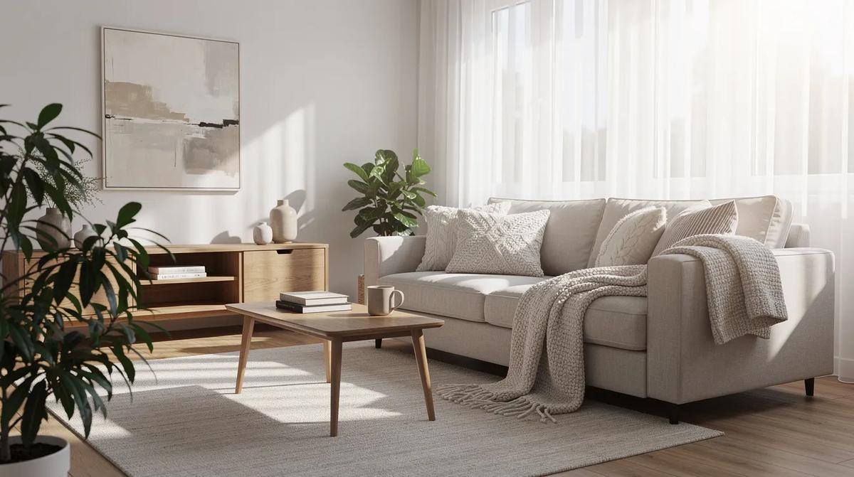 A comfortable living room bathed in bright, filtered daylight. Large windows allow natural light to flow in while providing protection from harmful UV rays, making it an excellent option for enhancing energy efficiency and reducing glare.