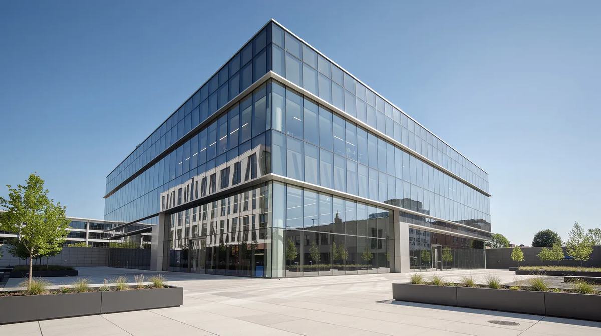 A modern commercial building with sleek, reflective windows, showcasing an elegant design, ideal for energy efficiency and natural light. The building’s exterior is enhanced by window film solutions that provide UV protection while maintaining privacy and reducing glare for the office spaces inside.