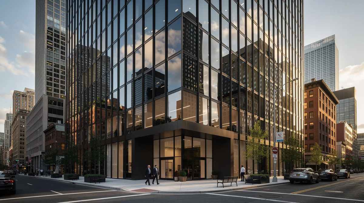 A modern commercial building with reflective glass windows on an urban streetscape. This design enhances the appearance of the structure and offers protection against harmful UV rays, making it an ideal choice for businesses in Columbus, Ohio.
