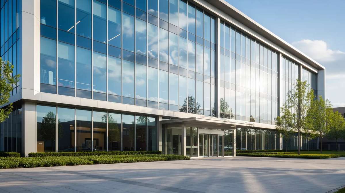 A modern commercial building with large tinted windows that reflect sunlight, providing energy efficiency and protection from harmful UV rays. If you're searching for commercial window tinting Indianapolis, Coolvu has you covered.